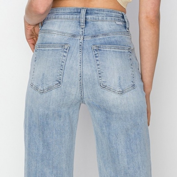 RISEN High-Rise Waist Pants Wide Leg Cropped Frayed Hem Boyfriend Denim Jeans - Picture 6 of 15